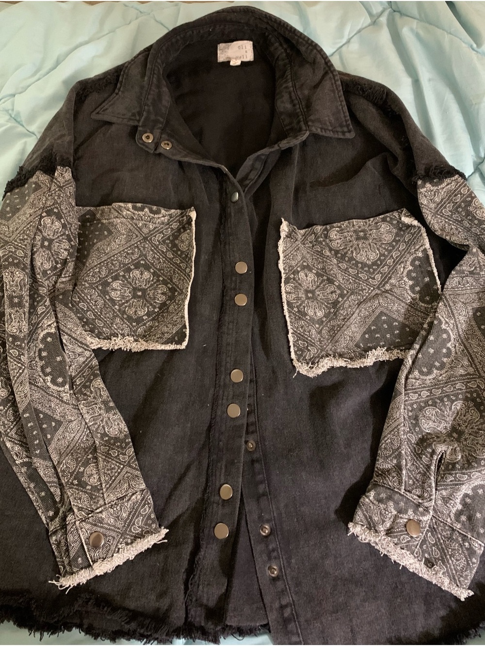 Oli & Hali Black Snap Up Jean Jacket with Bandana Accents